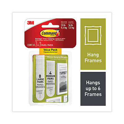 Command Picture Hanging Strips, Value Pack, Removable, (8) Large 0.63 x 3.63 Pairs, (4) Medium 0.5 x 2.75 Pairs, White (MMM17209ES)