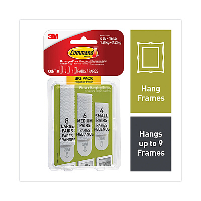 Command Picture Hanging Strips Big Pack, Removable, (4) Small, (6) Medium, (8) Large, White, 18 Pairs/Pack (MMM17211BPES)
