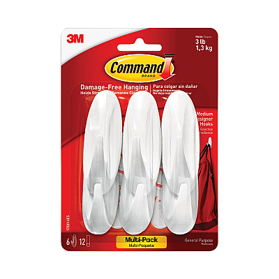 Command Designer Hooks, Medium, Plastic, White, 3 lb Capacity, 6 Hooks and 12 Strips/Pack (MMM170816ES)