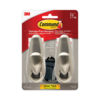 Command Adhesive Mount Metal Hook, Large, Brushed Nickel Finish, 5 lb Capacity, 2 Hooks and 4 Strips/Pack (MMMFC13BN2ES)