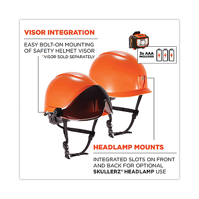 ergodyne Skullerz 8974LED Class E Safety Helmet with 8981 Universal LED Headlamp, 6-Point Ratchet Suspension, Orange (EGO60213)