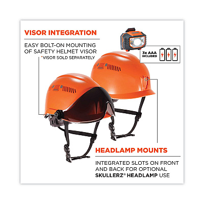ergodyne Skullerz 8975LED Class C Safety Helmet with 8981 Universal LED Headlamp, 6-Point Ratchet Suspension, Orange (EGO60207)
