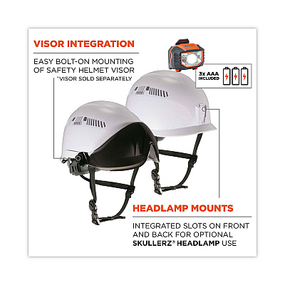 ergodyne Skullerz 8975LED Class C Safety Helmet with 8981 Universal LED Headlamp, 6-Point Ratchet Suspension, White (EGO60205)