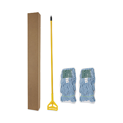 Boardwalk Looped End Mop Kit, Medium Blue Cotton/Rayon/Synthetic Head, 60" Yellow Metal/Polypropylene Handle (BWK400MBC)