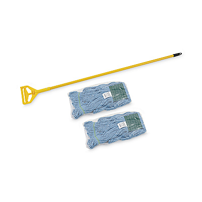 Boardwalk Looped End Mop Kit, Medium Blue Cotton/Rayon/Synthetic Head, 60" Yellow Metal/Polypropylene Handle (BWK400MBC)