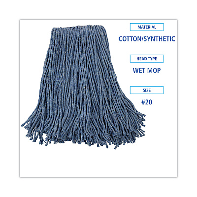 Boardwalk Mop Head, Standard Head, Cotton/Synthetic Fiber, Cut-End, #20, Blue, 12/Carton (BWK2020B)