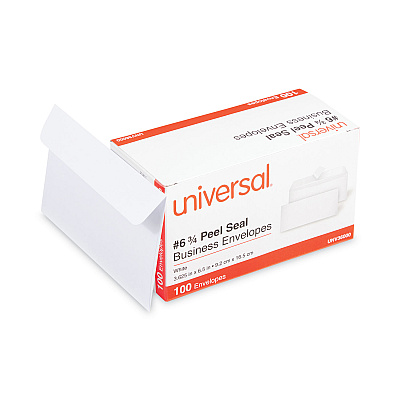 Universal Peel Seal Strip Business Envelope, #6 3/4, Square Flap, Self-Adhesive Closure, 3.63 x 6.5, White, 100/Box (UNV36000)