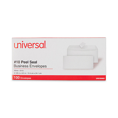 Universal Peel Seal Strip Business Envelope, #10, Square Flap, Self-Adhesive Closure, 4.13 x 9.5, White, 100/Box (UNV36002)