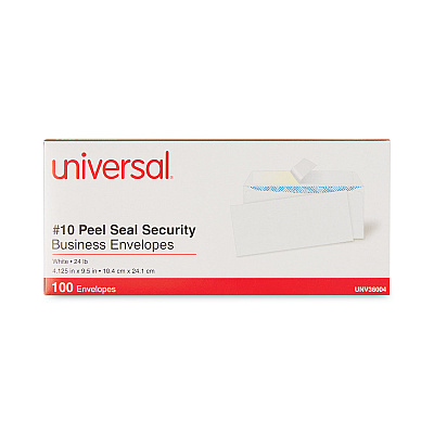 Universal Peel Seal Strip Security Tint Business Envelope, #10, Square Flap, Self-Adhesive Closure, 4.13 x 9.5, White, 100/Box (UNV36004)