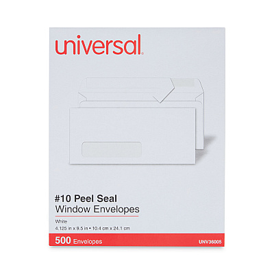 Universal Peel Seal Strip Business Envelope, Address Window, #10, Square Flap, Self-Adhesive Closure, 4.13 x 9.5, White, 500/Box (UNV36005)