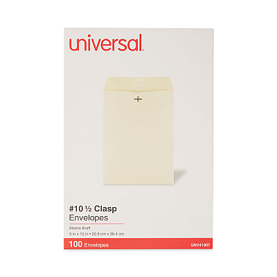 Universal Kraft Clasp Envelope, #10 1/2, Square Flap, Clasp/Gummed Closure, 9 x 12, Brown Kraft, 100/Box (UNV41907)