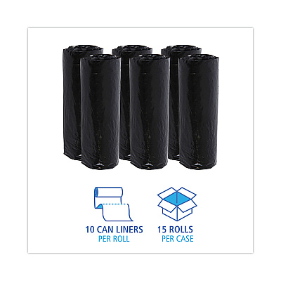 Boardwalk Low-Density Waste Can Liners, 16 gal, 1 mil, 24" x 32", Black, Perforated Roll, 10 Bags/Roll, 15 Rolls/Carton (BWK510)