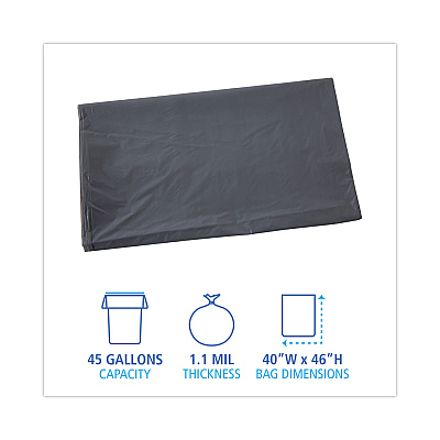 Boardwalk Linear Low Density Industrial Can Liners, 45 gal, 1.1 mil, 40" x 46", Gray, Flat Pack, 100/Carton (BWK4046GREY)