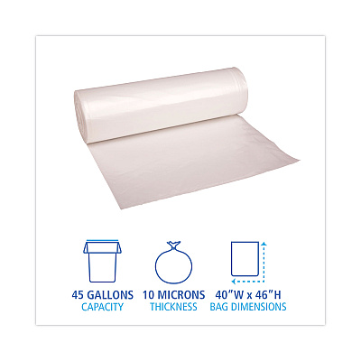 Boardwalk High-Density Can Liners, 45 gal, 10 mic, 40" x 46", Natural, Perforated Roll, 25 Bags/Roll, 10 Rolls/Carton (BWK404612)