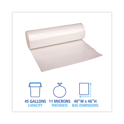 Boardwalk High-Density Can Liners, 45 gal, 11 mic, 40" x 46", Natural, Perforated Roll, 25 Bags/Roll, 10 Rolls/Carton (BWK404614)