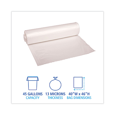 Boardwalk High-Density Can Liners, 45 gal, 13 mic, 40" x 46", Natural, Perforated Roll, 25 Bags/Roll, 10 Rolls/Carton (BWK404616)