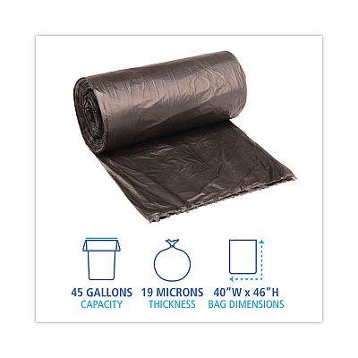 Boardwalk High-Density Can Liners, 45 gal, 19 mic, 40" x 46", Black, Perforated Roll, 25 Bags/Roll, 6 Rolls/Carton (BWK404622BLK)