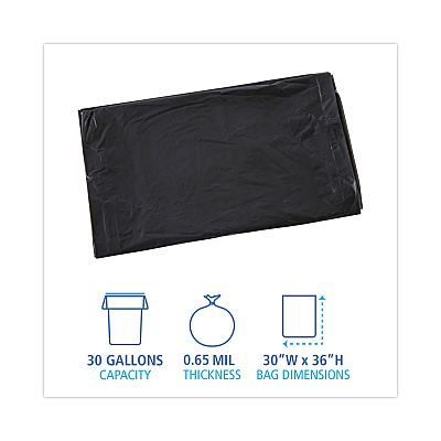 Boardwalk Linear Low Density Industrial Can Liners, 30 gal, 0.65 mil, 30" x 36", Black, Flat Pack, 200/Carton (BWKL3036H)