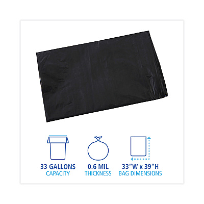 Boardwalk Linear Low Density Industrial Can Liners, 33 gal, 0.6 mil, 33" x 39", Black, Flat Pack, 200/Carton (BWKL3339H)