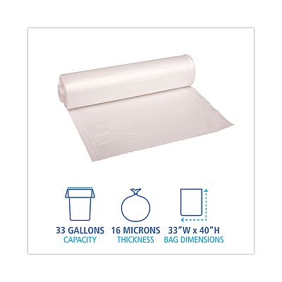 Boardwalk High Density Industrial Can Liners Coreless Rolls, 33 gal, 16 mic, 33" x 40", Natural, Perforated, 25 Bags/Roll, 10 Rolls/CT (BWKRH3340S)