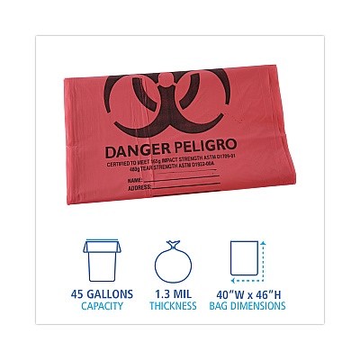 Boardwalk Linear Low Density Health Care Trash Can Liners, 45 gal, 1.3 mil, 40" x 46", Red, Flat Pack, 100/Carton (BWKIW4046R)