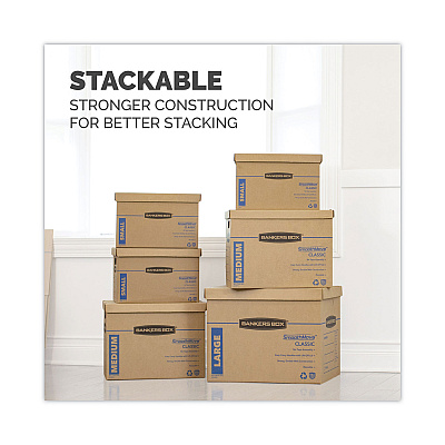 Bankers Box SmoothMove Classic Moving/Storage Boxes, Half Slotted Container (HSC), Medium, 15" x 18" x 14", Brown/Blue, 8/Carton (FEL7717201)