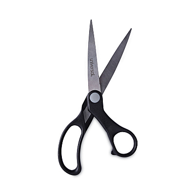Universal Stainless Steel Office Scissors, 8.5" Long, 3.75" Cut Length, Offset Black Handle (UNV92010)