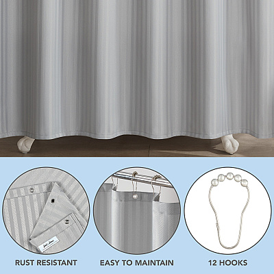H&h Poly Shower Curtain Set 72x72 Damask Light Grey, Case Of 12 (SCSETD-7272-LG)
