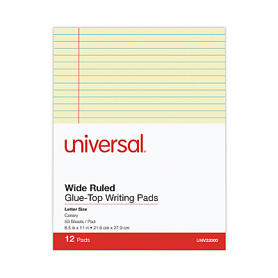 Universal Glue Top Pads, Wide/Legal Rule, 50 Canary-Yellow 8.5 x 11 Sheets, Dozen (UNV22000)