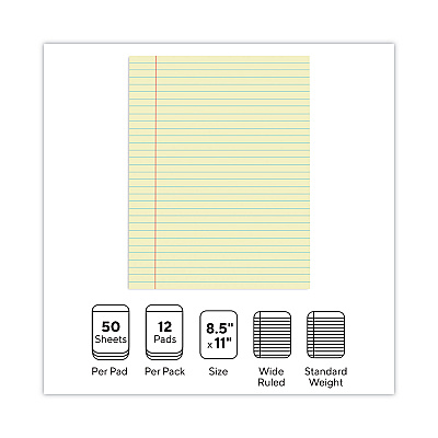 Universal Glue Top Pads, Wide/Legal Rule, 50 Canary-Yellow 8.5 x 11 Sheets, Dozen (UNV22000)