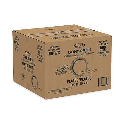Dart Concorde Non-Laminated Foam Plate, 10.25" dia, White, 125/Pack, 4 Packs/Carton (DCC10PWC)