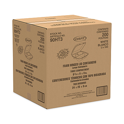 Dart Insulated Foam Hinged Lid Containers, 3-Compartment, 9 x 9.4 x 3, White, 200/Pack, 2 Packs/Carton (DCC90HT3)
