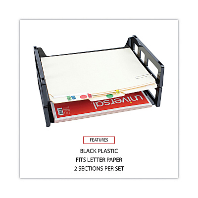 Universal Recycled Plastic Side Load Desk Trays, 2 Sections, Letter Size Files, 13" x 9" x 2.75", Black (UNV08100)