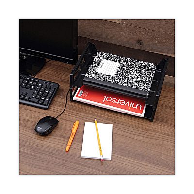 Universal Recycled Plastic Side Load Desk Trays, 2 Sections, Letter Size Files, 13" x 9" x 2.75", Black (UNV08100)