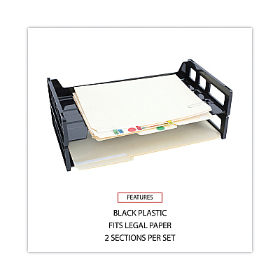 Universal Recycled Plastic Side Load Desk Trays, 2 Sections, Legal Size Files, 16.25" x 9" x 2.75", Black (UNV08101)