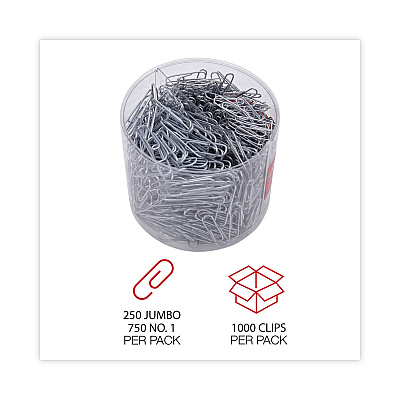 Universal Plastic-Coated Paper Clips with Two-Compartment Dispenser Tub, (750) #2 Clips, (250) Jumbo Clips, Silver (UNV21001)