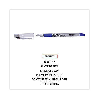 Universal Gel Pen, Stick, Medium 0.7 mm, Blue Ink, Silver/Blue Barrel, Dozen (UNV39621)