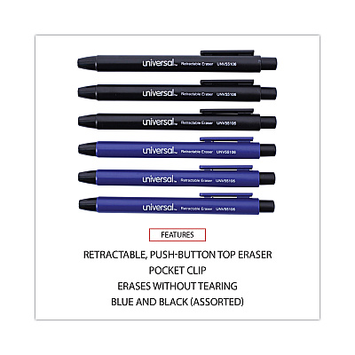 Universal Pen-Style Retractable Eraser, For Pencil Marks, White Eraser, Assorted Barrel Colors, 6/Pack (UNV55106)