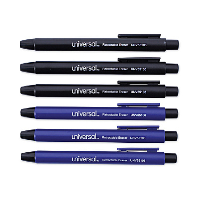 Universal Pen-Style Retractable Eraser, For Pencil Marks, White Eraser, Assorted Barrel Colors, 6/Pack (UNV55106)