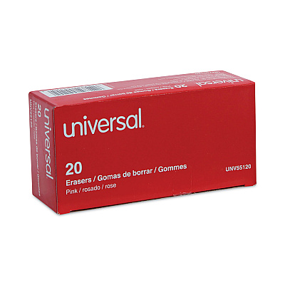 Universal Bevel Block Erasers, For Pencil Marks, Slanted-Edge Rectangular Block, Large, Pink, 20/Pack (UNV55120)
