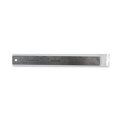 Universal Stainless Steel Ruler with Cork Back and Hanging Hole, Standard/Metric, 12" Long (UNV59023)