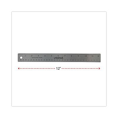Universal Stainless Steel Ruler with Cork Back and Hanging Hole, Standard/Metric, 12" Long (UNV59023)
