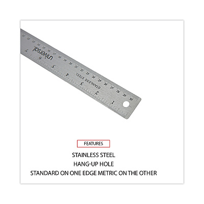Universal Stainless Steel Ruler with Cork Back and Hanging Hole, Standard/Metric, 12" Long (UNV59023)