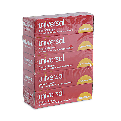 Universal Standard Chisel Point Staples, 0.25" Leg, 0.5" Crown, Steel, 5,000/Box, 5 Boxes/Pack, 25,000/Pack (UNV79000VP)