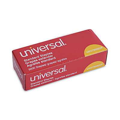 Universal Standard Chisel Point Staples, 0.25" Leg, 0.5" Crown, Steel, 5,000/Box, 5 Boxes/Pack, 25,000/Pack (UNV79000VP)
