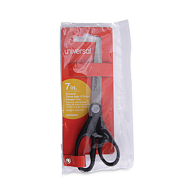 Universal Stainless Steel Office Scissors, 7" Long, 3" Cut Length, Straight Black Handle (UNV92008)