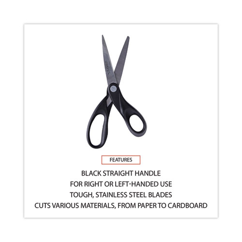 Universal Stainless Steel Office Scissors, 8" Long, 3.75" Cut Length, Black Straight Handle (92009)