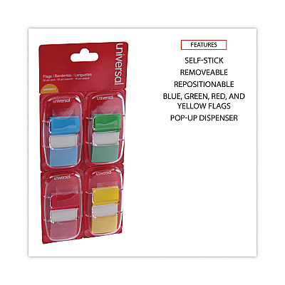 Universal Deluxe Pop-Up Page Flags, 1 x 1.75, Four Assorted Colors, 50 Flags/Dispenser, 4 Dispensers/Pack (UNV99012)