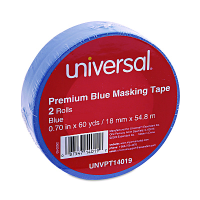 Universal Premium Blue Masking Tape with UV Resistance, 3" Core, 18 mm x 54.8 m, Blue, 2/Pack (UNVPT14019)