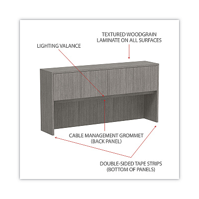 Alera Valencia Series Hutch with Doors, 4 Compartments, 70.63w x 15d x 35.38h, Gray (ALEVA287215GY)